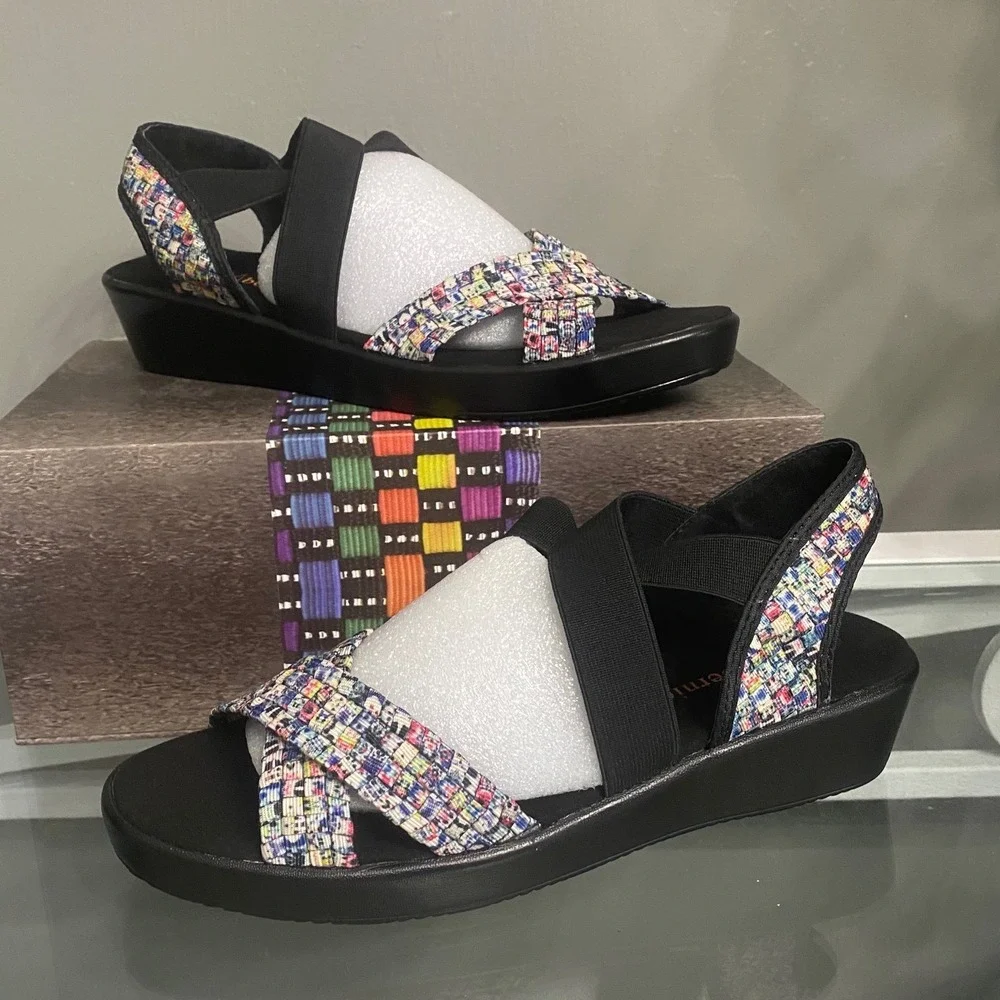 Bernie Mev Lisa Splash Multi Color Woven Elastic Wedge Sandals Women 40 NEW US9